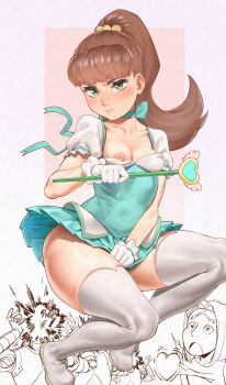 1boy 1girl amanda_(invincible) blunt_bangs blush boots breasts brown_hair choker gloves green_eyes green_skirt heart heart-shaped_pupils heart_out_of_chest invincible_(series) long_hair looking_at_viewer magical_girl monster_girl_(invincible) negao nipple_slip nipples one_breast_out pleated_skirt ponytail puffy_short_sleeves puffy_sleeves robot_(invincible) short_sleeves skirt small_breasts straight_hair symbol-shaped_pupils thigh_boots wand wardrobe_malfunction white_boots white_gloves