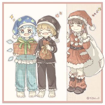 Rule 34 | 3girls, alternate costume, barefoot, black hat, black pajamas, black pants, black shirt, blonde hair, blue eyes, blue hair, blue hat, blue pajamas, blue pants, blue shirt, bow, brown hair, chigu, christmas, cirno, closed eyes, closed mouth, commentary request, detached wings, dress, fang, fur-trimmed dress, fur-trimmed headwear, fur trim, gift, hakurei reimu, happy, hat, highres, holding, holding gift, holding sack, ice, ice wings, leg warmers, long hair, multiple girls, musical note, nightcap, open mouth, pajamas, pants, red dress, red hat, red leg warmers, rumia, sack, santa costume, santa dress, santa hat, shirt, short hair, skin fang, smile, toes, touhou, twitter username, wings