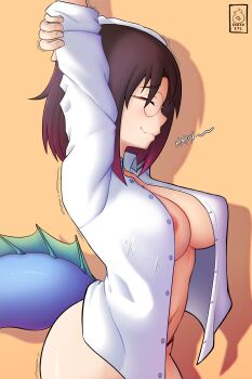 1girl areola_slip arm_above_head arm_behind_head arms_up artist_name black_hair blush breasts closed_eyes closed_mouth cowboy_shot dragon_girl dragon_tail elma_(maidragon) female_focus from_side glasses gradient_hair kobayashi-san_chi_no_maidragon konan_exe large_breasts long_sleeves medium_hair multicolored_hair naked_shirt open_clothes open_shirt purple_hair shirt simple_background solo standing stretching tail two-tone_hair variant_set white_shirt wide_hips yellow_background