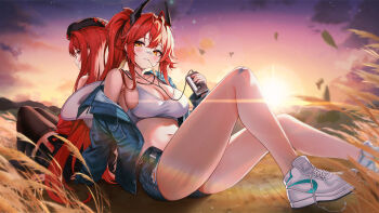 2girls absurdres antenna_hair back-to-back bandaid bandaid_on_face bandaid_on_nose belt beret black_jacket black_skirt black_thighhighs blush breasts cleavage closed_mouth collarbone commentary_request cowboy_shot denim denim_jacket denim_shorts double-parted_bangs earphones goddess_of_victory:_nikke hair_between_eyes hair_flaps hair_intakes hat hat_on_back highres horns jacket large_breasts long_hair long_sleeves looking_at_viewer mechanical_horns micro_shorts mouth_hold multiple_girls navel neon_(hhs9444) off_shoulder official_alternate_costume official_alternate_hair_color official_alternate_hairstyle open_belt outdoors ponytail rapi_(nikke) rapi_(red_hood)_(nikke) red_eyes red_hair red_hood_(nikke) red_hood_(retro_days)_(nikke) shadow shoes shorts sidelocks single_bare_shoulder sitting skindentation skirt sneakers stalk_in_mouth sunset tank_top thighhighs untied_shoelaces very_long_hair walkman white_shoes white_tank_top yellow_eyes