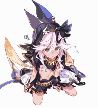 1boy absurdres aged_down animal_hat ankake9yakisoba black_hat blush closed_mouth commentary_request cyno_(genshin_impact) from_above genshin_impact hair_between_eyes hat highres looking_at_viewer oversized_clothes red_eyes simple_background sitting solo squiggle stomach sweat white_background white_hair