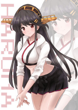 Rule 34 | 1girl, black hair, black skirt, breasts, character name, commentary request, cropped jacket, gold hairband, hairband, hakama, hakama short skirt, hakama skirt, haruna (kancolle), haruna (race queen) (kancolle), headgear, jacket, japanese clothes, kantai collection, kitagawa mikio, long hair, looking at viewer, medium breasts, midriff, official alternate costume, pleated skirt, race queen, skirt, solo, white jacket, zoom layer