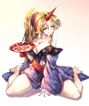 1girl alcohol bare_shoulders barefoot big_hair blue_kimono blush breasts closed_mouth cup eyes_visible_through_hair fingernails full_body gradient_background half-closed_eyes highres horns hoshiguma_yuugi hoshiguma_yuugi_(kimono) japanese_clothes kimono large_breasts leaf_print legs nail_polish off_shoulder parted_bangs pointy_ears ponytail red_horns red_nails sakazuki sake sash sidelocks sideways_glance single_horn sitting smile solo star_(symbol) star_print sunnysideup thighs tipsy touhou wariza white_background wide_sleeves