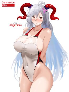 1girl arms_behind_back bikini blue_hair blush breasts cameltoe curled_horns freyja_(fire_emblem) goat_horns grey_hair highres horns igiroitsu large_breasts long_hair looking_at_viewer multicolored_hair one-piece_swimsuit red_eyes red_horns swimsuit thick_thighs thighs two-tone_hair white_background white_bikini