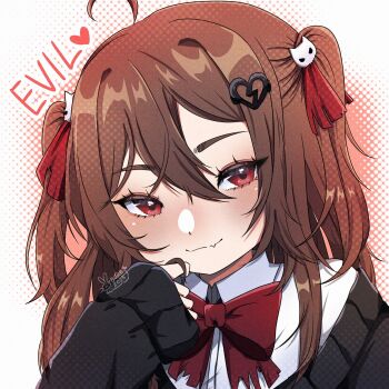 Rule 34 | 1girl, black cardigan, bow, bowtie, broken heart, broken heart hair ornament, brown hair, cardigan, character name, closed mouth, commentary, dress shirt, english commentary, evil neuro-sama, fang, hair between eyes, heart, highres, jenniburr, long hair, long sleeves, looking at viewer, neuro-sama, off-shoulder cardigan, portrait, red bow, red bowtie, red eyes, shirt, signature, skin fang, sleeves past wrists, solo, v-neck, vedal ai, virtual youtuber, white shirt