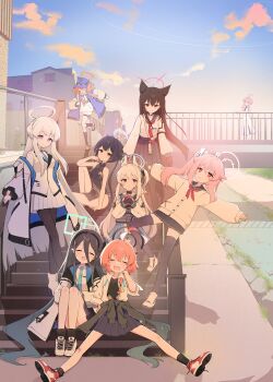 6+girls absurdres ahoge animal_ear_fluff animal_ear_headphones animal_ears aris_(blue_archive) baseball_cap black_dress blue_archive blue_halo blue_hat blue_necktie braid cardigan china_dress chinese_clothes clothes_around_waist double_bun dragon_print dress eyewear_on_headwear fake_animal_ears floral_print_shirt formal_clothes fox_ears fox_girl grey_eyes grey_halo hair_bun halo hat headgear headphones highres hood hoodie huge_ahoge jacket jacket_around_waist kaya_(blue_archive) kisaki_(blue_archive) kurana_(atlas) letterman_jacket long_hair mechanical_halo miyako_(blue_archive) multiple_girls natsu_(blue_archive) neckerchief necktie neru_(blue_archive) neru_(school_uniform)_(blue_archive) noa_(blue_archive) official_alternate_costume orange_halo outdoors pink_hair pink_halo print_dress purple_eyes rabbit_ear_headphones rabbit_ears red_halo red_neckerchief rei_(blue_archive) school_uniform serafuku side_ponytail single_braid sitting sitting_on_stairs spread_legs stairs suit tactical_school_uniform two-sided_fabric two-sided_jacket white_cardigan white_hair white_halo white_hoodie white_jacket white_serafuku white_suit yukino_(blue_archive)