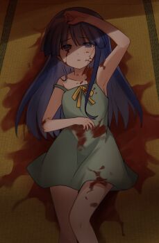 1girl absurdres bleeding blood blood_on_clothes blood_on_face bloody_tears blue_eyes blue_hair commentary cowboy_shot dress furude_rika green_dress hand_on_own_head highres higurashi_no_naku_koro_ni long_hair lying on_back sanso_31 shadow solo