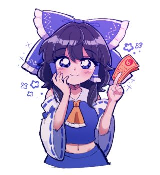 1girl alternate_color ascot between_fingers black_hair blush bow closed_mouth clover_(clover11_40) commentary detached_sleeves frilled_bow frilled_hair_tubes frills hair_bow hair_tubes hakurei_reimu hand_on_own_cheek hand_on_own_face holding long_hair looking_at_viewer midriff navel ofuda ofuda_between_fingers purple_bow purple_eyes ribbon-trimmed_sleeves ribbon_trim simple_background skirt skirt_set smile solo touhou white_background yellow_ascot