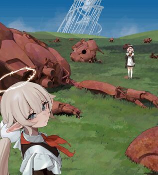 2girls afina_(kiriyaukiyoe) blonde_hair eyepatch grass grey_eyes halo highres holding holding_weapon kiriyaukiyoe laika_(kiriyaukiyoe) long_hair looking_at_viewer low_twintails mecha multiple_girls neckerchief original pink_hair pointy_ears red_neckerchief robot school_uniform shoes sky socks soviet_school_uniform standing twintails very_long_hair weapon white_socks