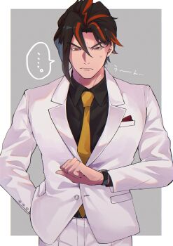 ... 1boy anton_ivanov arm_behind_back belt black_belt black_hair black_shirt border breast_pocket buttons closed_mouth collared_shirt formal_clothes frown grey_background hair_between_eyes hair_slicked_back hanako_(hanahanako03) hand_up highres jacket lapels long_sleeves looking_at_watch looking_down male_focus multicolored_hair necktie outside_border pants pocket pocket_square red_eyes red_hair serious shirt short_hair simple_background solo speech_bubble spoken_ellipsis streaked_hair suit sweatdrop v-shaped_eyebrows watch white_border white_jacket white_pants wing_collar wristwatch yellow_necktie zenless_zone_zero