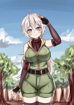 1girl absurdres ahoge belt blush breasts bright_pupils detached_sleeves fingerless_gloves forest gloves grey_hair highres jimpu6 large_breasts nature original sky smile solo sweater_under_jacket thighhighs thighs tree virtual_youtuber