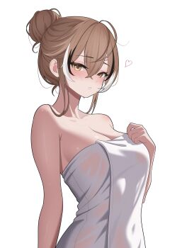 Rule 34 | 1girl, absurdres, ahoge, black hair, breasts, brown eyes, brown hair, cleavage, commentary, crossed bangs, double-parted bangs, hair between eyes, hair bun, highres, hololive, hololive english, layunaart, looking at viewer, multicolored hair, naked towel, nanashi mumei, parted lips, short hair, simple background, single hair bun, solo, streaked hair, towel, upper body, virtual youtuber, white background, white hair