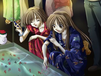 black_hairband blue_kimono brown_hair goldfish_scooping hairband highres hizuki_ayaka imasaka_yue japanese_clothes kimono long_hair memories_off memories_off_1 non-web_source official_art open_mouth red_kimono short_hair yellow_hairband