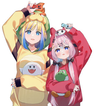 2girls :d ahoge arm_up black_bow blonde_hair blue_eyes blue_hair blue_nails blush boo_(mario) bow bowser bowser_(cosplay) character_request commentary cosplay hair_bow hair_ornament hair_over_shoulder hairclip head_tilt highres holding hood hood_up hoodie indie_virtual_youtuber long_sleeves low_twintails mario_(series) meito_(maze) mitsuki_shio multicolored_hair multicolored_nails multiple_girls nail_polish nintendo nintendo_switch open_mouth pink_hair puffy_long_sleeves puffy_sleeves rabbit_hair_ornament red_hoodie red_nails shy_guy shy_guy_(cosplay) simple_background sleeves_past_wrists smile streaked_hair twintails two-tone_hair virtual_youtuber white_background x_hair_ornament yellow_hoodie yoshi