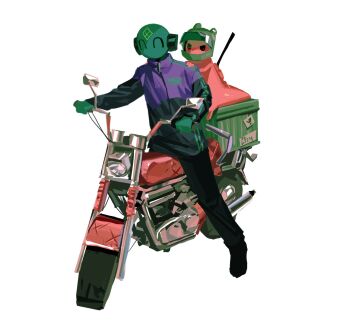 ^_^ animal_helmet artist_request bad_link black_eyes black_pants character_name closed_eyes clothes_writing colored_skin creature delivery english_text facial_mark forehead_mark green_skin helmet highres hood hoodie hunter_(rain_world) iterator_(rain_world) motor_vehicle motorcycle motorcycle_helmet no_humans no_mouth no_significant_harassment on_motorcycle pants rain_world robot robot_ears scar scar_across_eye scar_on_face simple_background slugcat source_request white_background
