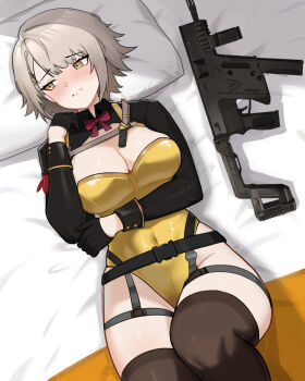 1girl averting_eyes black_gloves black_shrug black_thighhighs blush bow bowtie breasts brown_hair cleavage closed_mouth commentary english_commentary girls&#039;_frontline girls&#039;_frontline_2:_exilium gloves gun highres kanghak kriss_vector leotard lying official_alternate_costume on_back on_bed pillow red_bow red_bowtie short_hair shrug_(clothing) solo submachine_gun thighhighs vector_(girls&#039;_frontline) vector_(girls&#039;_frontline_2) vector_(molotov_bunny)_(girls&#039;_frontline_2) weapon yellow_leotard