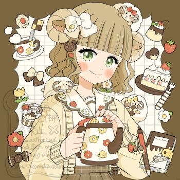 Rule 34 | 1girl, blonde hair, blunt bangs, blush stickers, border, brown border, cake, cake slice, cardigan, closed mouth, commentary, cupcake, double bun, eeppa, food, fork, fruit, green eyes, grid background, hair bun, highres, holding, holding teapot, long sleeves, looking at viewer, notebook, open cardigan, open clothes, original, outside border, pen, sheep, shirt, short hair, smile, solo, strawberry, symbol-only commentary, teapot, upper body, watermark, wavy hair, white background, white shirt, yellow cardigan