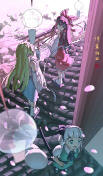 Rule 34 | 3girls, absurdres, artist name, ascot, black bow, black hair, black hairband, blonde hair, blue skirt, bow, bowtie, brown hair, cherry blossoms, closed eyes, collared shirt, commentary request, detached sleeves, dress, frilled bow, frilled hair tubes, frilled skirt, frills, from above, full body, gohei, green eyes, green hair, green skirt, green vest, hair bow, hair ornament, hair tubes, hairband, hakurei reimu, haoli mei an, highres, hitodama, holding, holding gohei, japanese clothes, kochiya sanae, konpaku youmu, konpaku youmu (ghost), long hair, multiple girls, nontraditional miko, open mouth, outdoors, petals, purple hair, red bow, red dress, red shirt, red skirt, ribbon, ribbon-trimmed sleeves, ribbon trim, shirt, shoes, short hair, short sleeves, signature, skirt, skirt set, smile, socks, stairs, standing, sword, touhou, vest, weapon, white hair, white shirt, white sleeves, white socks, wide sleeves, wind chime, yellow ascot