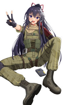Rule 34 | 1girl, absurdres, bangom r, belt, black boots, boots, bow, commission, cosplay, date a live, gloves, hair bow, highres, lace-up boots, long hair, mechanical arms, metal gear (series), metal gear solid v: the phantom pain, military, military uniform, partially fingerless gloves, ponytail, purple hair, simple background, solo, v, venom snake, venom snake (cosplay), white background, yatogami tohka