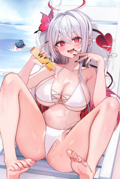 1girl :d ahoge barefoot beach_chair bottle breasts cleavage collarbone demon_tail feet highres holding holding_bottle large_breasts lotion lotion_bottle navel niku_(hamuchang) open_mouth original pouring red_tail sitting smile soles stomach suggestive_fluid swimsuit tail teeth thighs upper_teeth_only white_hair