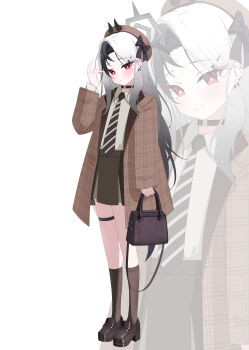 1girl 82jhin absurdres alternate_hairstyle bag beret black_bow black_choker black_hair black_horns blue_archive bow brown_bag brown_hat brown_jacket brown_necktie brown_shoes brown_skirt brown_socks choker closed_mouth collared_shirt commentary_request demon_horns diagonal-striped_clothes diagonal-striped_necktie ear_piercing full_body grey_hair grey_halo grey_shirt hair_ornament hairclip halo hand_up hat highres holding holding_bag horns jacket kayoko_(blue_archive) kneehighs korean_commentary loafers long_hair long_sleeves looking_at_viewer necktie piercing plaid_clothes plaid_jacket red_eyes shirt shoes skirt smile socks solo standing striped_clothes thigh_strap zoom_layer