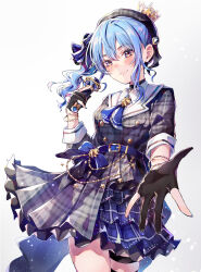 Rule 34 | 1girl, belt, belt buckle, black gloves, blue belt, blue bow, blue eyes, blue hair, blue nails, blue skirt, bow, buckle, chiyuyu 18, closed mouth, cowboy shot, crown, fingerless gloves, gloves, gradient background, grey background, grey hat, grey skirt, hair bow, hat, highres, holding, holding microphone, hololive, hoshimachi suisei, layered skirt, looking at viewer, microphone, mini crown, miniskirt, nail polish, plaid, plaid headwear, plaid skirt, pleated skirt, short hair, side ponytail, skirt, smile, solo, standing, thigh strap, virtual youtuber, white background