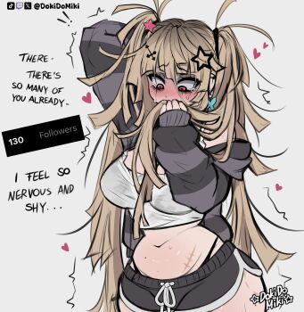 ! !! 1girl absurdres arm_behind_head artist_name bite_mark bite_mark_on_leg bite_mark_on_thigh black_shorts blonde_hair blush breasts commentary cowboy_shot crying crying_with_eyes_open dokidomiki dolphin_shorts english_commentary english_text grabbing_own_hair grey_jacket hair_between_eyes hair_ornament heart highres holding holding_own_hair jacket large_breasts long_hair long_sleeves looking_down messy_hair miki_(dokidomiki) navel open_clothes open_jacket original panty_straps pink_eyes scar scar_on_stomach short_shorts shorts simple_background solo star_(symbol) star_hair_ornament stomach striped_clothes striped_jacket tank_top tears tiktok_username twitch_username twitching twitter_username white_background white_tank_top