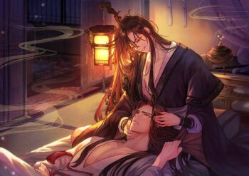 2boys absurdres ahoge alternate_hairstyle bishounen black_hair black_hanfu branded brown_hair chinese_clothes closed_mouth clothes_grab couple curtains ganen_cheese hair_down hand_in_another&#039;s_hair hand_on_another&#039;s_chin hand_on_another&#039;s_head hanfu highres incense_burner indoors lan_wangji lantern lap_pillow long_hair long_sleeves looking_at_another lying male_focus modao_zushi multiple_boys on_back parted_lips pectoral_cleavage pectorals pillow purple_eyes robe scar scar_on_chest sidelocks sitting smile smoke tassel tatami wei_wuxian white_hanfu wide_sleeves yaoi yellow_eyes