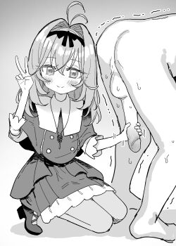 013_(hamsasuke) 1boy 1girl antenna_hair bent_over blush closed_mouth clothed_female_nude_male dress erection greyscale hair_between_eyes hair_intakes hairband handjob hetero highres kneeling long_hair meitantei_precure! monochrome moria_ruruka nude pantyhose penis precure smile solo_focus uncensored v