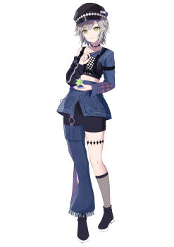 1girl absurdres asymmetrical_clothes asymmetrical_legwear belt black_choker black_hat black_shoes black_shorts blue_shirt breasts chest_harness choker closed_mouth clothing_cutout collarbone commentary crystal fishnet_socks fishnets full_body green_eyes grey_hair hand_up harness hat high_heels highres hinomori_shiho leg_cutout leg_tattoo legwear_garter long_sleeves looking_at_viewer meteor_(user_xsur3355) midriff official_alternate_costume project_sekai shirt shoes short_hair shorts sidelocks simple_background single_legwear_garter single_off_shoulder small_breasts smile socks solo standing star_(symbol) star_tattoo swept_bangs tattoo thigh_strap tsunagu_hoshi_no_uta_(project_sekai) white_background