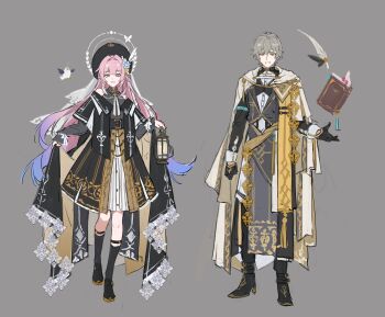 Rule 34 | 1boy, 1girl, absurdres, alternate costume, alternate form, bare shoulders, beak, belt, beret, bird, bird wings, black belt, black boots, black cape, black gloves, black hat, black jacket, black ribbon, black shoes, black skirt, black socks, blue flower, blue gem, blue hair, blunt bangs, book, bookmark, boots, bow, buttons, caelus (honkai: star rail), cape, chain, clenched hand, clothes lift, clothing cutout, collared cape, collared shirt, commentary, cross, cross necklace, cross print, cyrene (demiurge) (honkai: star rail), cyrene (honkai: star rail), diamond-shaped pupils, diamond (shape), diamond cutout, feathered wings, floating, floating object, flower, full body, gem, gloves, gold chain, gradient hair, grey background, grey hair, grey shirt, grey tabard, hair flower, hair ornament, halo, halo behind head, hand up, hands up, hat, highres, holding, holding lantern, honkai: star rail, honkai (series), jacket, jewelry, lantern, long hair, long sleeves, looking at viewer, multicolored hair, necklace, necktie, off-shoulder shirt, off shoulder, open book, open mouth, papajay (jennygin2), pearl necklace, pendant, pink hair, pink pupils, puffy long sleeves, puffy sleeves, purple eyes, purple gem, quill, red gem, ribbon, rose, shirt, shoes, short hair, sidelocks, simple background, skirt, skirt lift, smile, socks, standing, streaked hair, striped clothes, striped skirt, symbol-shaped pupils, tabard, tassel, teeth, trailblazer (honkai: star rail), two-sided cape, two-sided fabric, two-tone skirt, untranslatable commentary, v-shaped eyebrows, white bow, white cape, white hair, white halo, white necktie, white shirt, white skirt, wings, yellow cape, yellow eyes, yellow flower, yellow rose