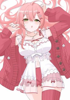 1girl ahoge babydoll breasts cardigan cleavage commentary dreamoon frilled_babydoll frilled_shorts frills front_slit green_eyes hair_ornament hairclip highres hololive jewelry large_breasts long_hair looking_at_viewer lying navel necklace official_alternate_costume on_back open_mouth pink_hair red_cardigan red_shorts red_thighhighs ribbed_thighhighs sakura_miko sakura_miko_(loungewear) shorts simple_background single_sidelock single_thighhigh thighhighs virtual_youtuber white_babydoll white_background