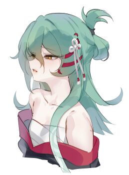 1girl absurdres bare_shoulders chest_sarashi cropped_shoulders from_side green_hair hair_between_eyes hair_ribbon highres long_hair looking_down open_mouth pprcno ribbon sad sarashi simple_background solo suro_(trickcal) trickcal white_background white_ribbon yellow_eyes