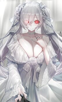 1girl absurdres alternate_costume bedroom blurry blurry_background blush breasts bright_pupils cinderella_(nikke) closed_mouth collarbone commentary cowboy_shot dress eyes_visible_through_hair fingernails goddess_of_victory:_nikke grey_hair grey_nails hair_over_one_eye hand_on_own_chest highres houh888 huge_breasts indoors long_dress long_fingernails long_hair looking_at_viewer nail_polish nose_blush pov red_eyes shirt_tug smile twintails very_long_hair white_dress white_pupils