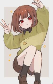 1other :< androgynous ankle_socks arms_up black_socks bob_cut border brown_hair brown_shoes brown_shorts chara_(undertale) closed_eyes collared_sweater dot_nose expressionless flower green_sweater grey_background heart heart_necklace highres jewelry knees_up light_blush loafers long_sleeves nano_mochi necklace other_focus outside_border puffy_long_sleeves puffy_sleeves red_eyes shoes short_hair short_shorts shorts single_horizontal_stripe sketch socks solo sweater two-tone_sweater undertale utdr_(toby_fox) w white_border yellow_flower yellow_sweater