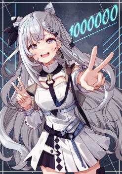 1girl absurdres asymmetrical_sleeves black_ribbon cone_hair_bun cowboy_shot double_bun dress earrings grey_hair hair_bun hair_ribbon highres hololive hololive_indonesia jewelry layered_dress long_hair looking_at_viewer nanado_shion open_mouth purple_eyes ribbon single_earring smile solo teeth upper_teeth_only v vestia_zeta virtual_youtuber white_dress