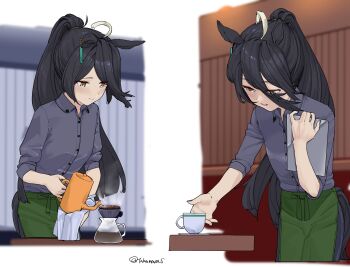 1girl apron barista black_hair black_pants blush closed_mouth coffee_filter coffee_pot cup ear_tag earrings glass_teapot green_apron green_shirt hair_between_eyes high_ponytail highres holding holding_menu indoors jewelry long_bangs long_hair long_hair_between_eyes long_sleeves manhattan_cafe_(umamusume) menu multicolored_hair pants parted_bangs parted_lips plate ponytail pouring shirt shirt_tucked_in single_earring sleeves_rolled_up smile solo standing takamaza thank_you thighhighs umamusume very_long_hair waist_apron white_hair yellow_eyes