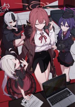 4girls arm_under_breasts aru_(blue_archive) black_hat black_horns black_jacket black_skirt blue_archive breasts brown_coat closed_eyes closed_mouth coat coat_on_shoulders collared_shirt commentary_request computer corded_phone couch crossed_legs demon_horns fur-trimmed_coat fur_trim furrowed_brow garrison_cap grey_hair hair_between_eyes halo haruka_(blue_archive) hat highres holding holding_phone hood hood_down hooded_jacket horns indoors jacket kayoko_(blue_archive) laptop long_hair long_sleeves looking_at_another medium_breasts miniskirt multiple_girls mutsuki_(blue_archive) neck_ribbon open_mouth oyaji_hime paper pencil_skirt phone pink_eyes pleated_skirt ponytail problem_solver_68_(blue_archive) purple_hair red_eyes red_hair red_ribbon red_skirt ribbon shirt side_ponytail sidelocks sitting skirt smile sparkling_eyes standing sweatdrop table white_shirt