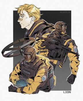Rule 34 | 1boy, bandaid, bandaid on face, bandaid on nose, black gloves, blonde hair, bulletproof vest, character name, chinese commentary, commentary request, covered mouth, gloves, helmet, highres, jacket, liizi lc, lion (rainbow six siege), long sleeves, looking to the side, male focus, multiple views, parted hair, patch, rainbow six siege, short hair, shoulder patch, tactical clothes, yellow jacket