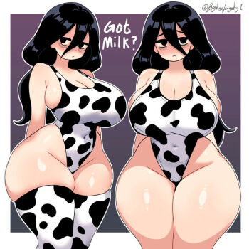 Rule 34 | alternate breast size (larger), animal print, arms behind back, artist name, bags under eyes, bighugelarge, black eyes, black hair, breasts, cleavage, closed mouth, cow print, cow print thighhighs, curvy, english text, got milk?, groin, hair between eyes, hex maniac (pokemon), hex maniac (pokemon legends: z-a), highleg, highleg one-piece swimsuit, huge breasts, long hair, looking at viewer, multiple views, nintendo, one-piece swimsuit, pokemon, pokemon legends: z-a, print thighhighs, sideboob, solid circle eyes, swimsuit, thick thighs, thighhighs, thighs, thong one-piece swimsuit, wide hips