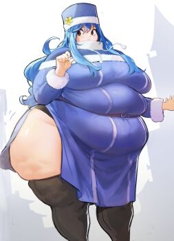 1girl absurdres black_eyes black_thighhighs blue_dress blue_hair blue_hat blue_shrug blush breasts cellulite commentary commission drawstring dress english_commentary fairy_tail fat fat_woman fatter_than_canon flower fur-trimmed_headwear fur-trimmed_shrug fur_trim hat hat_flower highres juvia_lockser large_breasts looking_to_the_side mimeticflesh obese shrug_(clothing) smile solo thighhighs yellow_flower