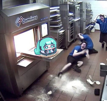Rule 34 | 1girl, 3boys, :3, ai-assisted, ai-generated art (topic), ai-generated background, aqua eyes, aqua hair, aqua necktie, black shorts, black skirt, blue shirt, blush stickers, broken plate, chibi, clutching head, commentary, cowering, domino's pizza ai images (meme), employee uniform, flour, food, grey shirt, hatsune miku, highres, indoors, kitchen, long hair, meme, multiple boys, necktie, on food, oven, pizza, plate, scared, screaming, shirt, shorts, sitting, skirt, tile floor, tiles, twintails, very long hair, vocaloid, yananang