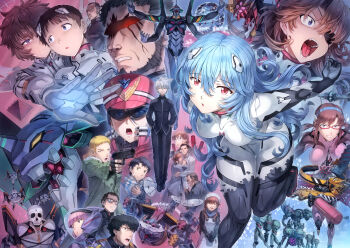 6+boys 6+girls absurdres aida_kensuke angry apron ayanami_rei baby bandaid bandaid_on_cheek bandaid_on_face beard black_hair black_pants black_shirt black_skirt blue_eyes blue_hair bodysuit brown_eyes brown_hair character_request clenched_teeth closed_eyes closed_mouth coat crying crying_with_eyes_open cup earrings evangelion_(mecha) eyepatch facial_hair frown fuyutsuki_kouzou glasses gloves green_jacket grey_eyes grey_hair gun gundam hairband handgun hands_in_pockets hat helmet highres holding holding_cup holding_gun holding_weapon horaki_hikari hug hyuuga_makoto ikari_gendou ikari_shinji interface_headset_(evangelion) jacket jewelry katsuragi_misato lab_coat leaning_forward long_hair long_sleeves looking_at_another looking_at_viewer makinami_mari_illustrious mecha_pilot_suit mogudan multiple_boys multiple_girls neon_genesis_evangelion no_eyes open_mouth orange_hair pants pink_bodysuit plugsuit_(evangelion) purple_hair rebuild_of_evangelion red-framed_eyewear red_hat ryoji_kaedo satellite_dish semi-rimless_eyewear shirt short_sleeves skeleton skirt skull smile souryuu_asuka_langley space_helmet standing suzuhara_sakura suzuhara_touji suzuhara_tsubame teacup tears teeth tongue weapon white_apron white_bodysuit white_coat white_gloves white_hair