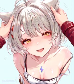 1boy 1girl animal_ear_fluff animal_ears bare_shoulders black_bra blush bra breasts camisole cat_ears cat_girl chest_jewel cleavage grey_hair leonmandala medium_breasts mio_(xenoblade) noah_(xenoblade) parted_lips pov short_hair simple_background single_off_shoulder solo_focus underwear upper_body white_background white_camisole xenoblade_chronicles_(series) xenoblade_chronicles_3 yellow_eyes