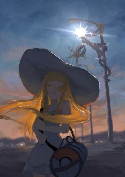 Rule 34 | 1girl, bag, blonde hair, cchan tuka, dress, gen 7 pokemon, gradient sky, half-closed eyes, hat, highres, lillie (pokemon), long hair, nintendo, orange sky, outdoors, pokemon, pokemon (creature), pokemon sm, purple sky, shoulder bag, sky, sun hat, twilight, ultra beast, white dress, white hat, xurkitree