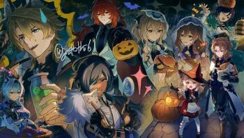 4girls 5boys albedo_(genshin_impact) animal_ears basket beer_mug black_cape black_gloves black_necktie blonde_hair blue_eyes blue_hair breasts brown_hair cape cat_ears cat_girl closed_mouth cup diluc_(genshin_impact) dress eula_(genshin_impact) eyepatch fingerless_gloves fox_boy fox_ears fur_trim genshin_impact gloves halloween happy_halloween hat holding holding_basket holding_cup holding_jar jack-o&#039;-lantern jar jean_(genshin_impact) kaeya_(genshin_impact) klee_(blossoming_starlight)_(genshin_impact) klee_(genshin_impact) lisa_(genshin_impact) long_hair mug multicolored_hair multiple_boys multiple_girls necktie one_eye_closed open_mouth red_cape red_eyes red_hair red_hat short_hair streaked_hair suitchi_(gn4othi61) varka_(genshin_impact) venti_(genshin_impact) witch_hat