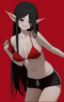 Rule 34 | 1girl, anemoneeanemone, bare arms, bare shoulders, bikini, bikini top only, black eyes, black hair, black shorts, borrowed character, breasts, collarbone, cowboy shot, dolphin shorts, grin, highres, licorice (justadrian), long hair, long pointy ears, looking at viewer, medium breasts, navel, navel piercing, original, parted bangs, piercing, pointy ears, red background, red bikini, short shorts, shorts, simple background, smile, solo, stomach, swimsuit, very long hair