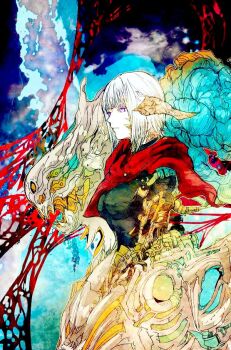 1girl allie_aan_baelsar au_ra breasts capelet closed_mouth commentary_request diamond_weapon final_fantasy final_fantasy_xiv horns light_frown medium_breasts purple_eyes red_capelet ruka_(blueplus84) scales short_hair white_hair