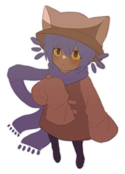 Rule 34 | 1other, ambiguous gender, animal ears, brown eyes, colored sclera, fake animal ears, from above, full body, hand up, hashtag-only commentary, hat, highres, light frown, looking at viewer, my loleeta, niko (oneshot), oneshot (game), orange sclera, other focus, oversized sweater, purple hair, purple scarf, scarf, solo, standing