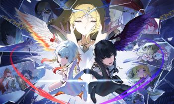 1boy 2girls absurdres aqua_eyes augusta_(wuthering_waves) azipou black_gloves black_hair black_jacket breasts cantarella_(wuthering_waves) carlotta_(wuthering_waves) cartethyia_(wuthering_waves) cleavage commentary cristoforo_(wuthering_waves) feathered_wings galbrena_(wuthering_waves) glass_shards gloves grey_shirt hair_between_eyes hair_intakes heterochromia highres iuno_(wuthering_waves) jacket lupa_(wuthering_waves) male_rover_(wuthering_waves) medium_breasts multicolored_hair multiple_girls official_alternate_color pero_(wuthering_waves) phoebe_(wuthering_waves) qiuyuan_(wuthering_waves) roccia_(wuthering_waves) rover_(wuthering_waves) schwarzloch_(wuthering_waves) shirt single_wing streaked_hair white_gloves wings wuthering_waves yellow_eyes zani_(wuthering_waves)